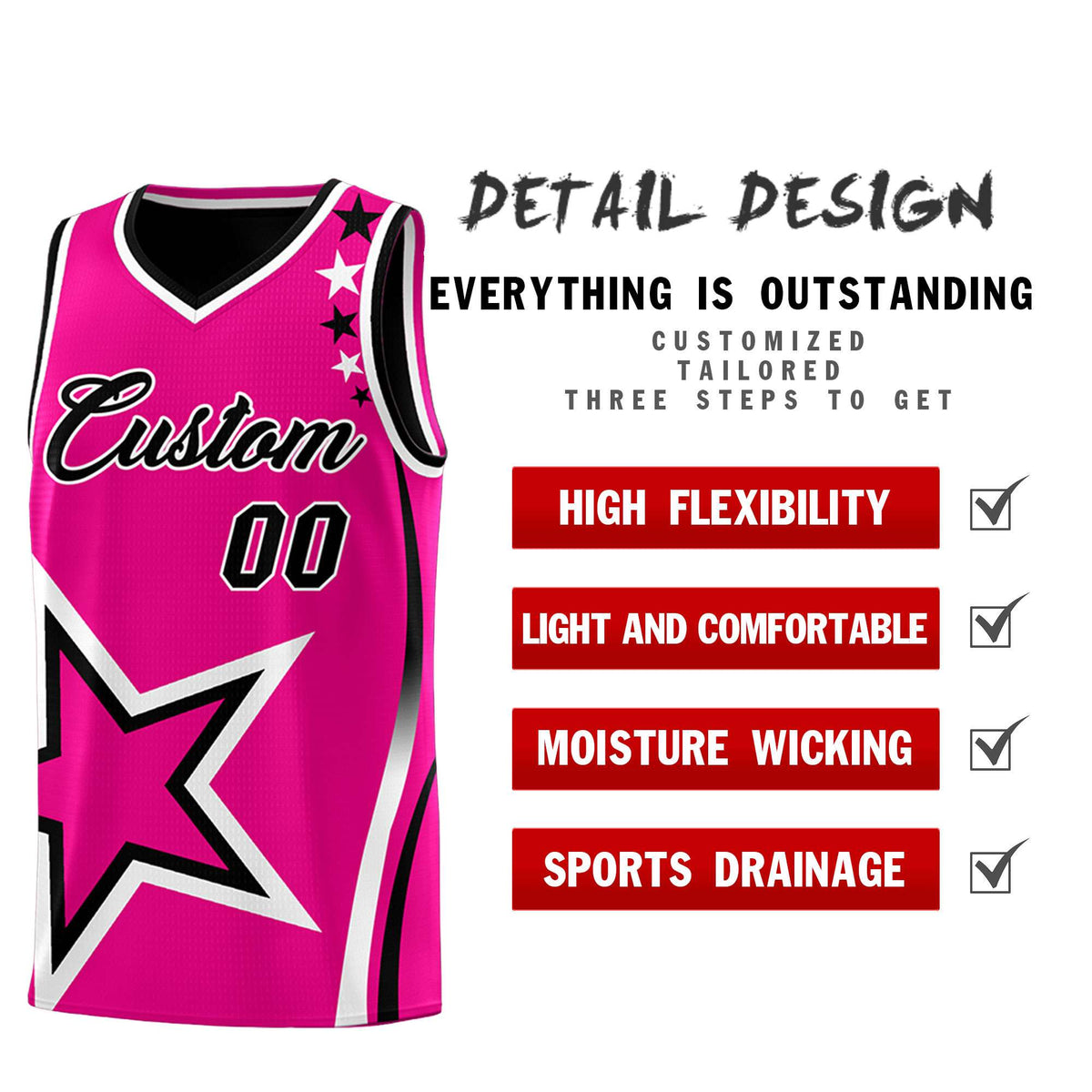Custom Black Rose red Reversible Color Block Start Pattern Sports Uniform Basketball Jersey Kits