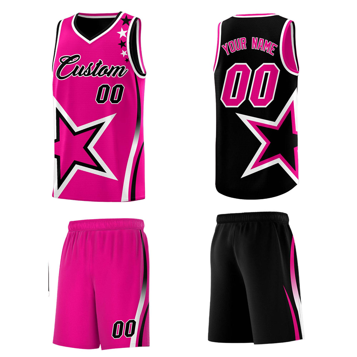 Custom Black Rose red Reversible Color Block Start Pattern Sports Uniform Basketball Jersey Kits