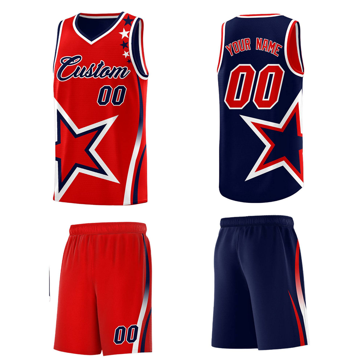 Custom Navy Red Reversible Color Block Start Pattern Sports Uniform Basketball Jersey Kits