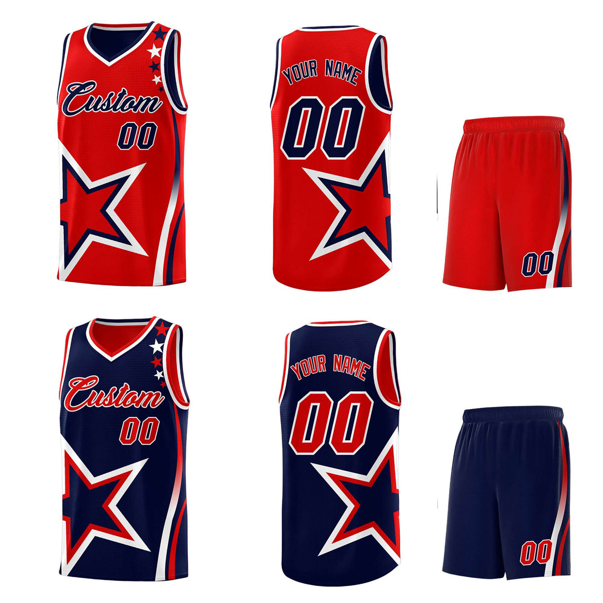 Custom Navy Red Reversible Color Block Start Pattern Sports Uniform Basketball Jersey Kits