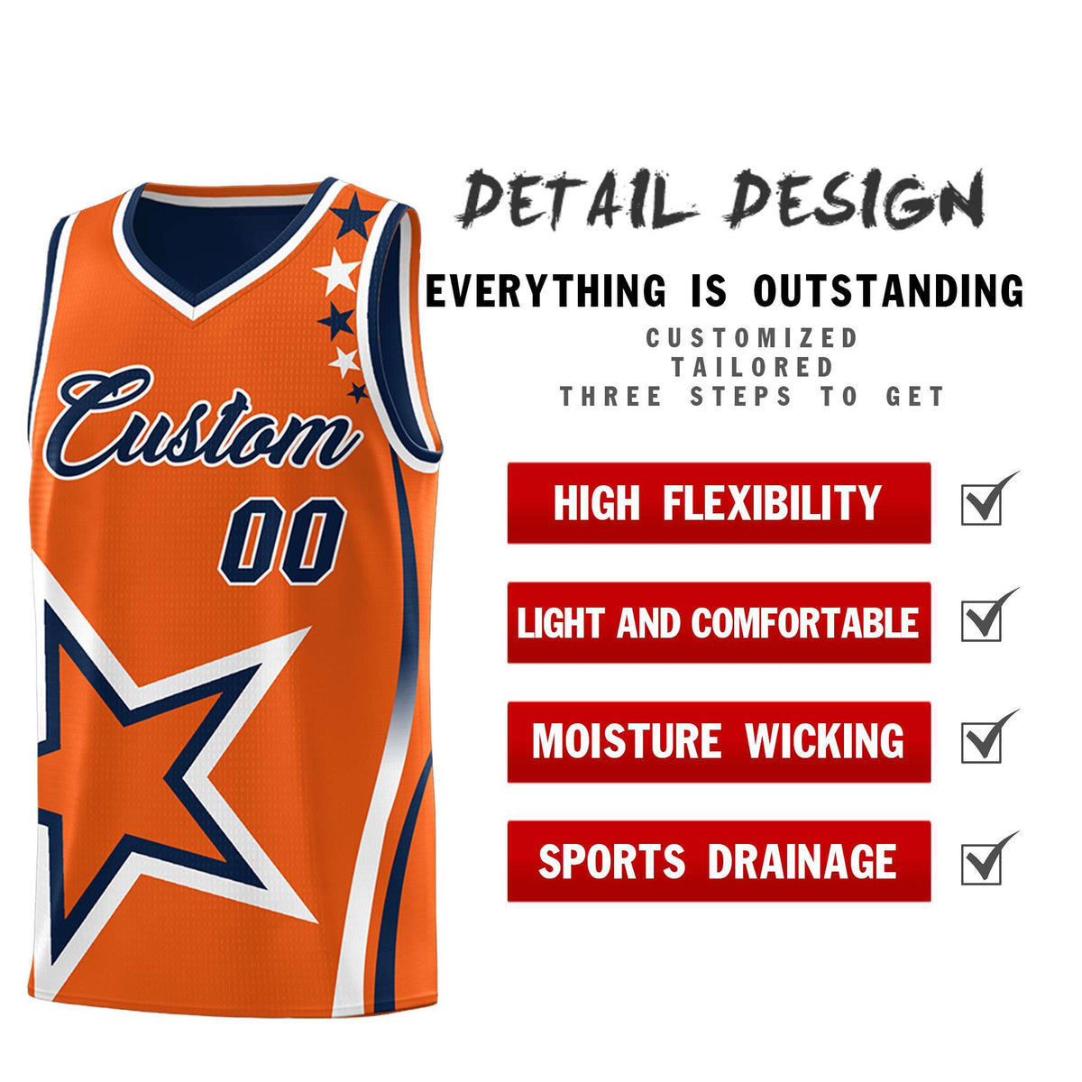 Custom Navy Orange Reversible Color Block Start Pattern Sports Uniform Basketball Jersey Kits