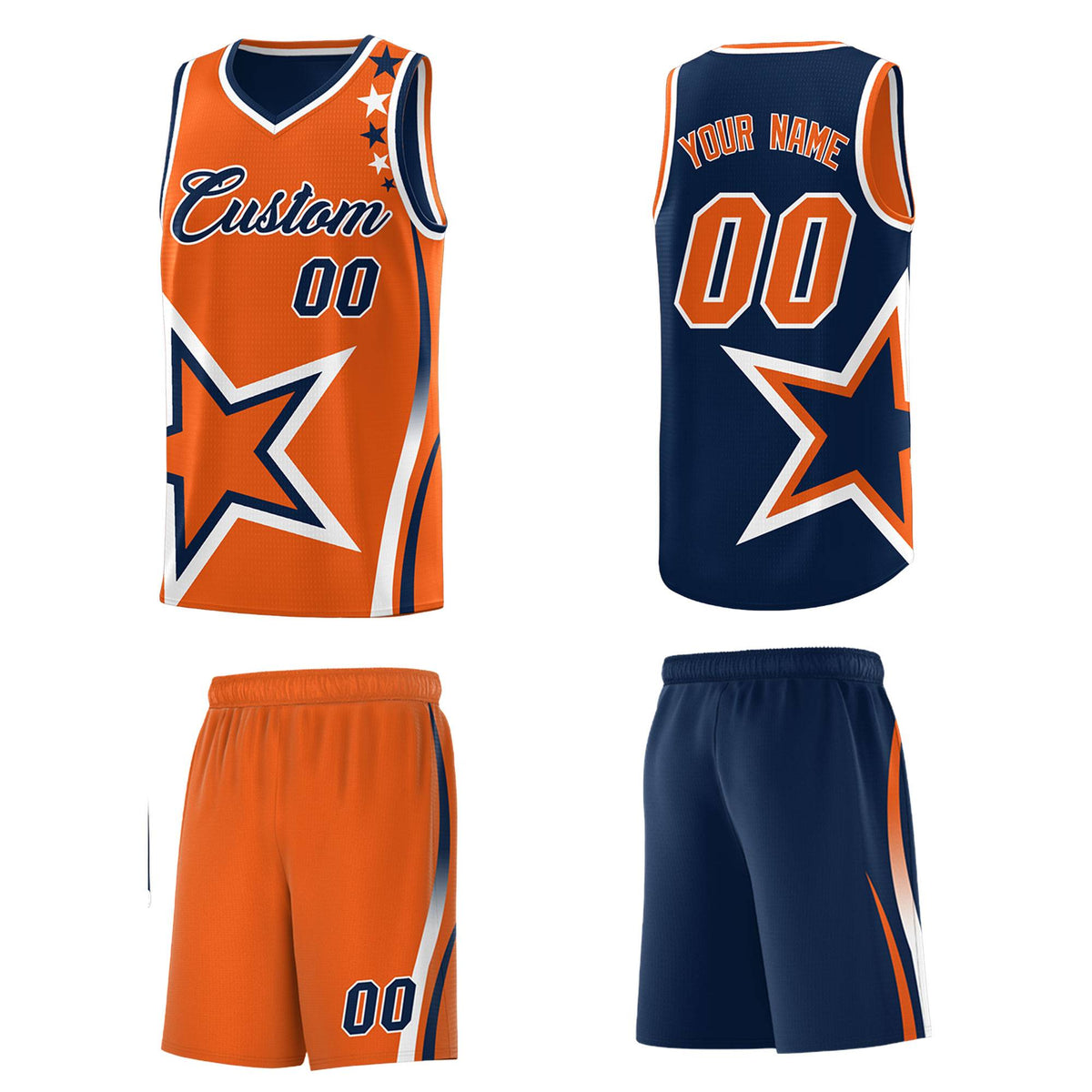 Custom Navy Orange Reversible Color Block Start Pattern Sports Uniform Basketball Jersey Kits