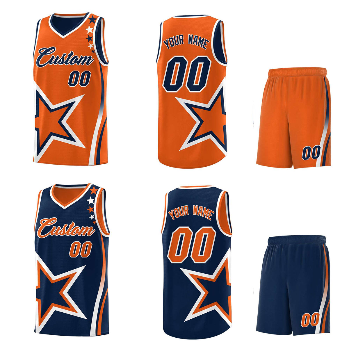 Custom Navy Orange Reversible Color Block Start Pattern Sports Uniform Basketball Jersey Kits