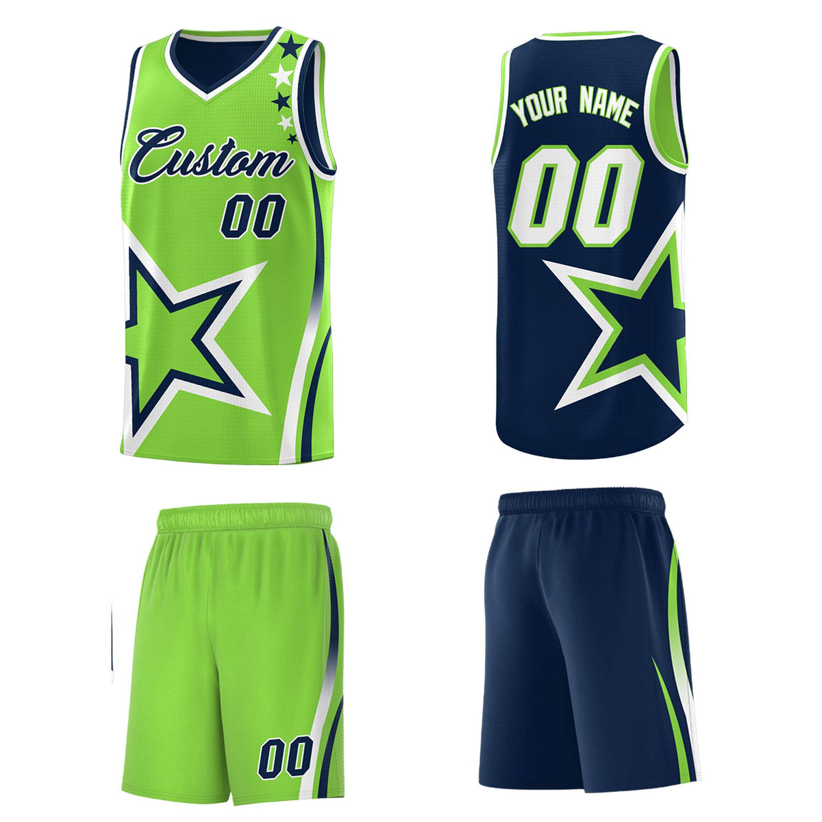 Custom Navy Neon Green Reversible Color Block Start Pattern Sports Uniform Basketball Jersey Kits
