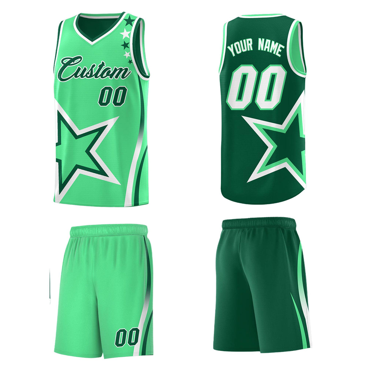 Custom Green Light Green Reversible Color Block Start Pattern Sports Uniform Basketball Jersey Kits
