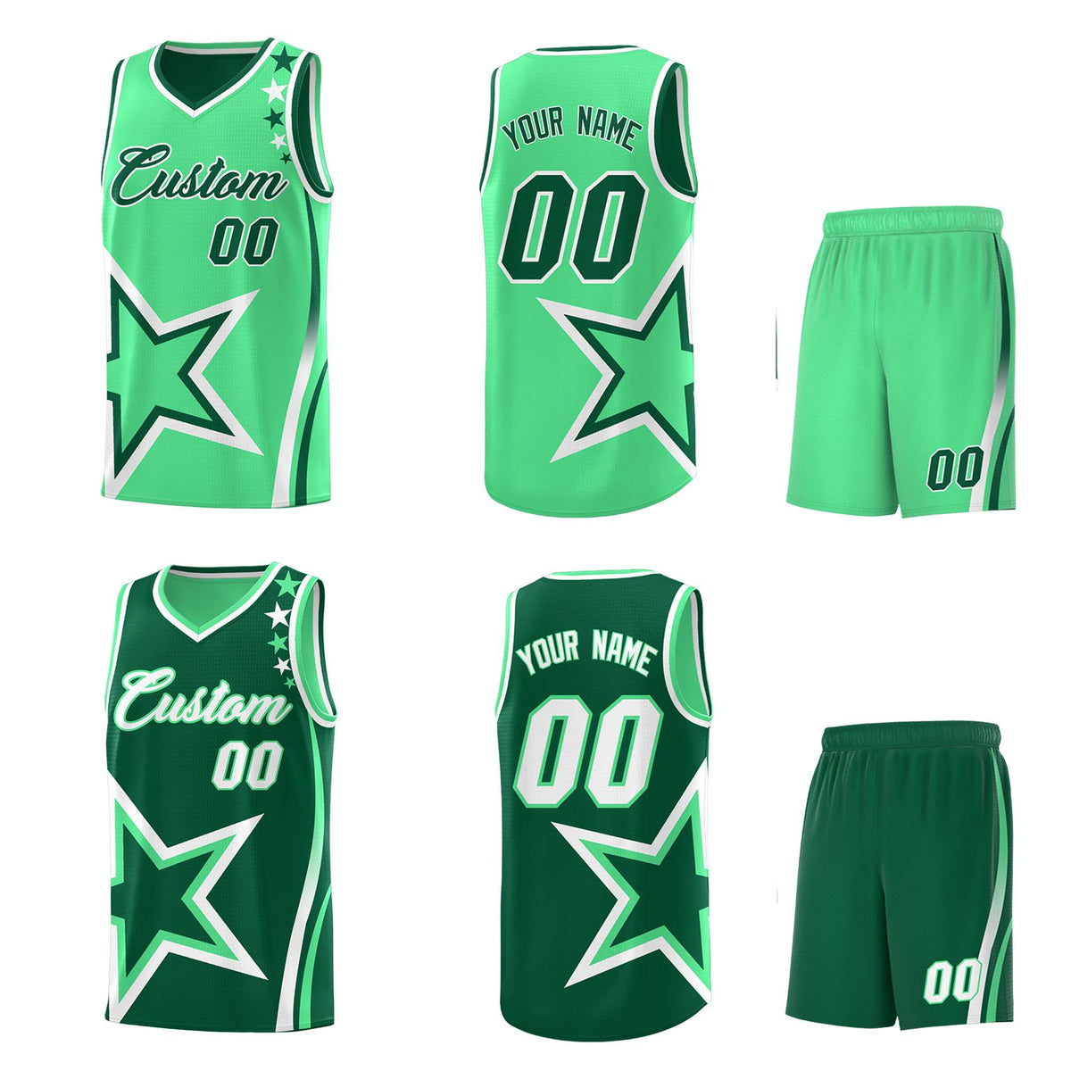Custom Green Light Green Reversible Color Block Start Pattern Sports Uniform Basketball Jersey Kits