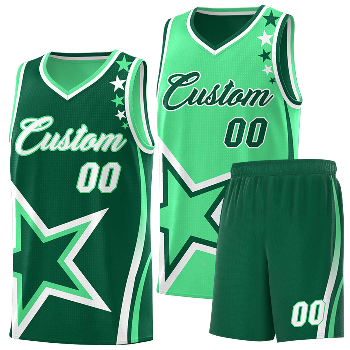 Custom Green Light Green Reversible Color Block Start Pattern Sports Uniform Basketball Jersey Kits