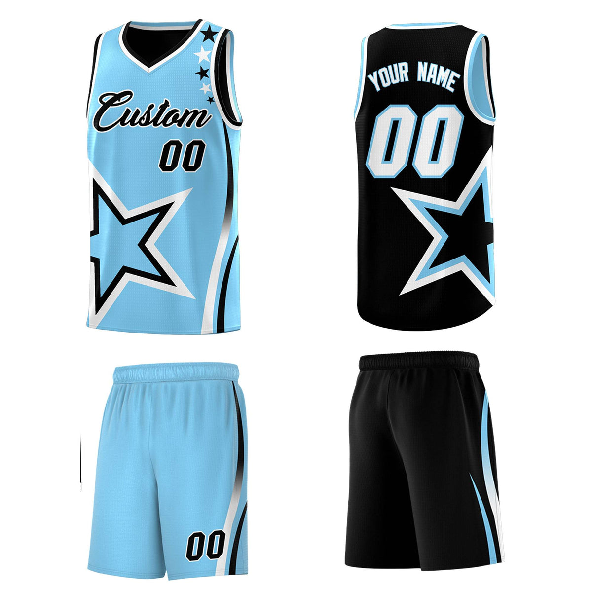Custom Black Powder Blue Reversible Color Block Start Pattern Sports Uniform Basketball Jersey Kits