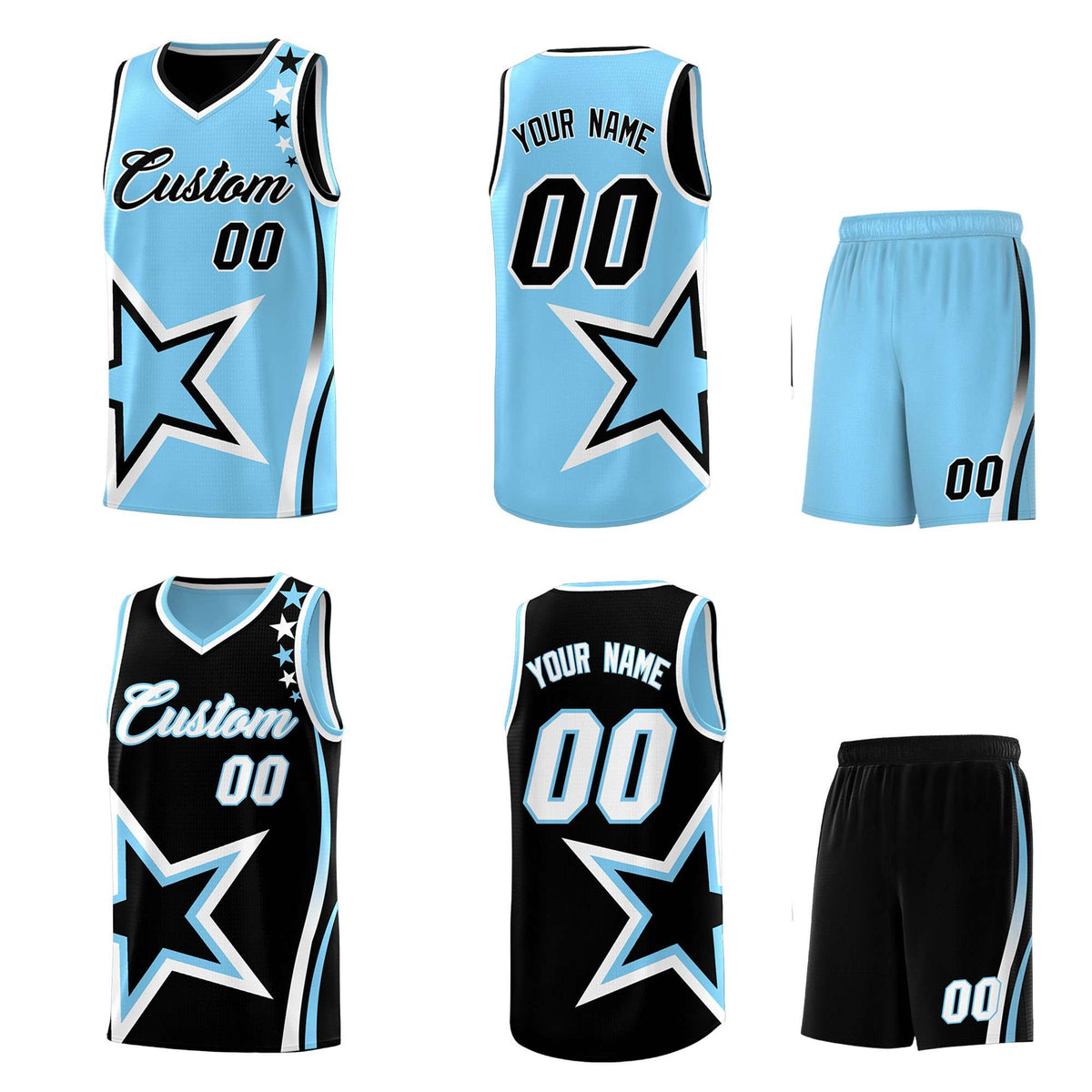 Custom Black Powder Blue Reversible Color Block Start Pattern Sports Uniform Basketball Jersey Kits