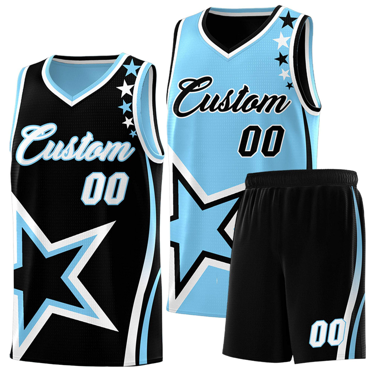 Custom Black Powder Blue Reversible Color Block Start Pattern Sports Uniform Basketball Jersey Kits