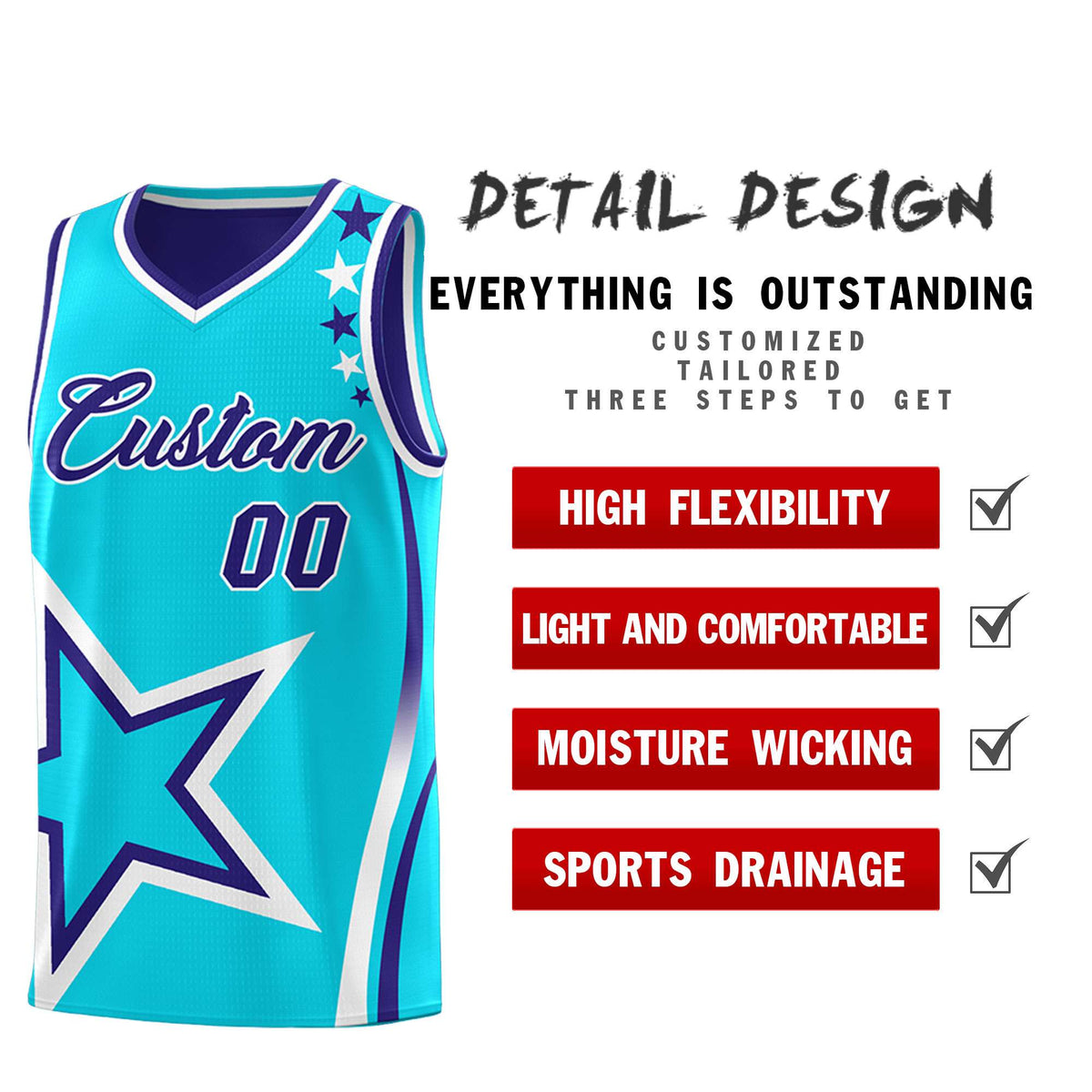 Custom Royal Light Blue Reversible Color Block Start Pattern Sports Uniform Basketball Jersey Kits