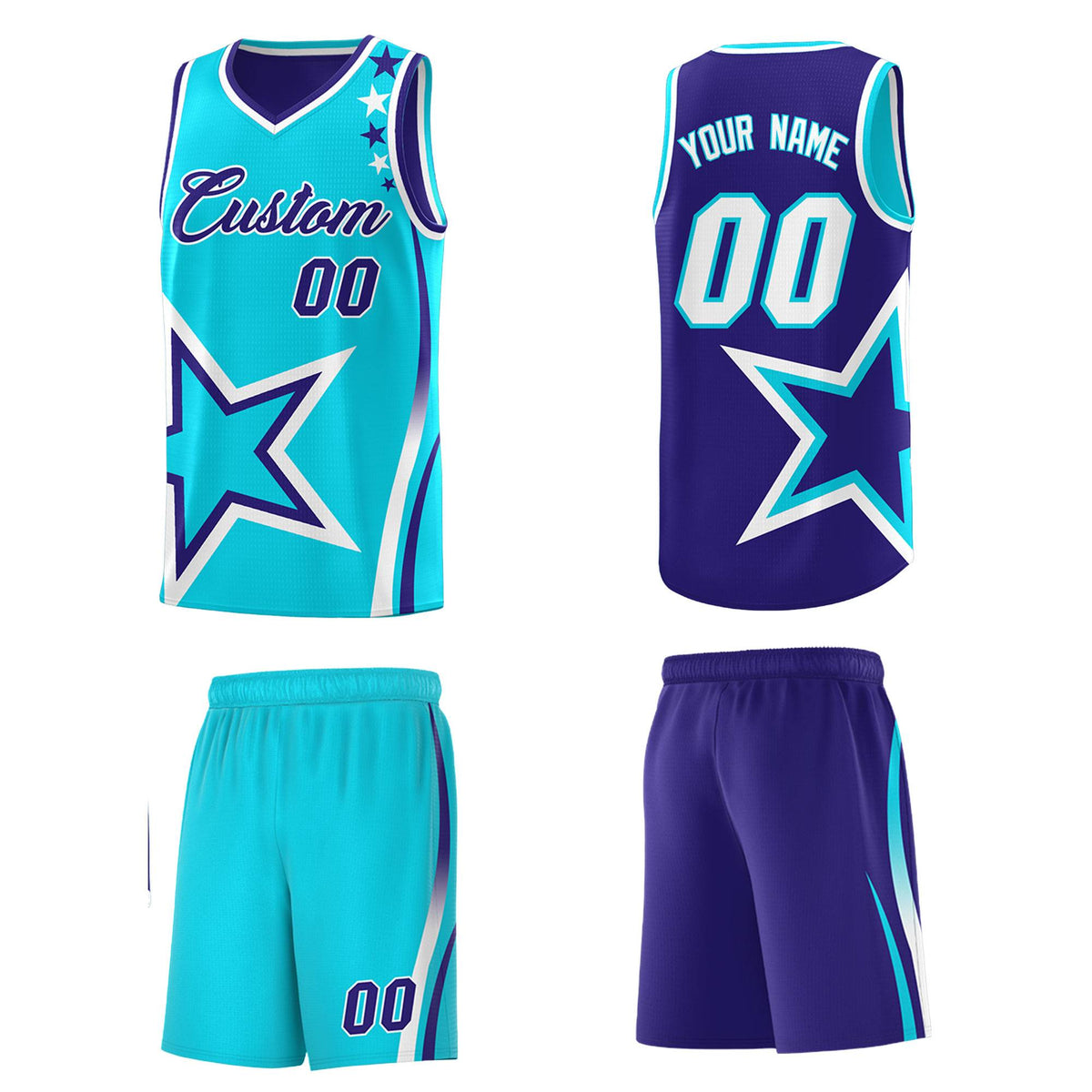 Custom Royal Light Blue Reversible Color Block Start Pattern Sports Uniform Basketball Jersey Kits