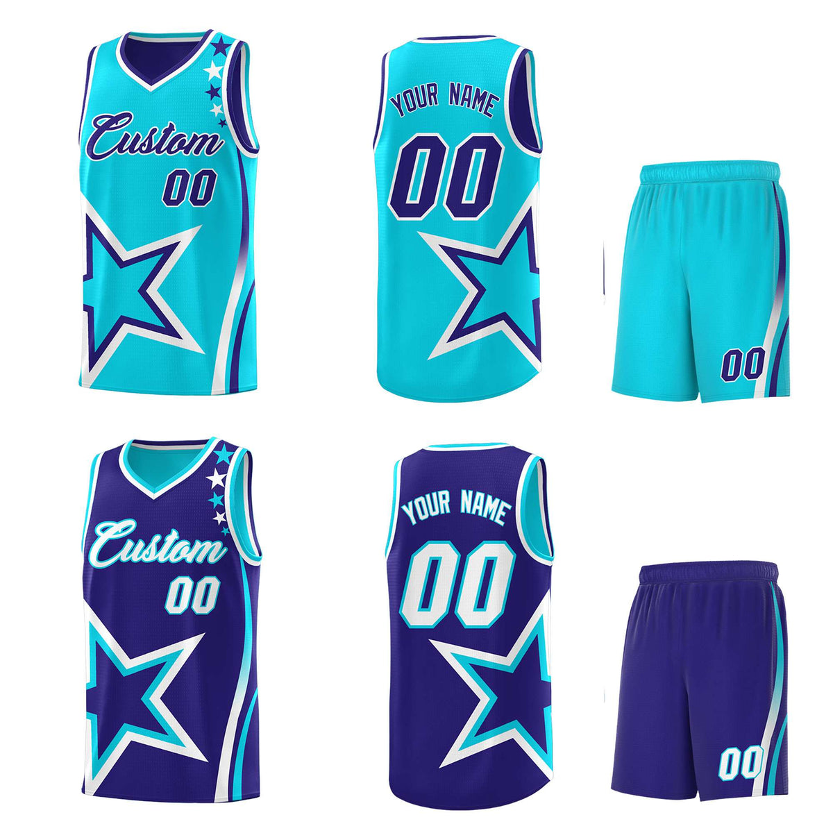 Custom Royal Light Blue Reversible Color Block Start Pattern Sports Uniform Basketball Jersey Kits