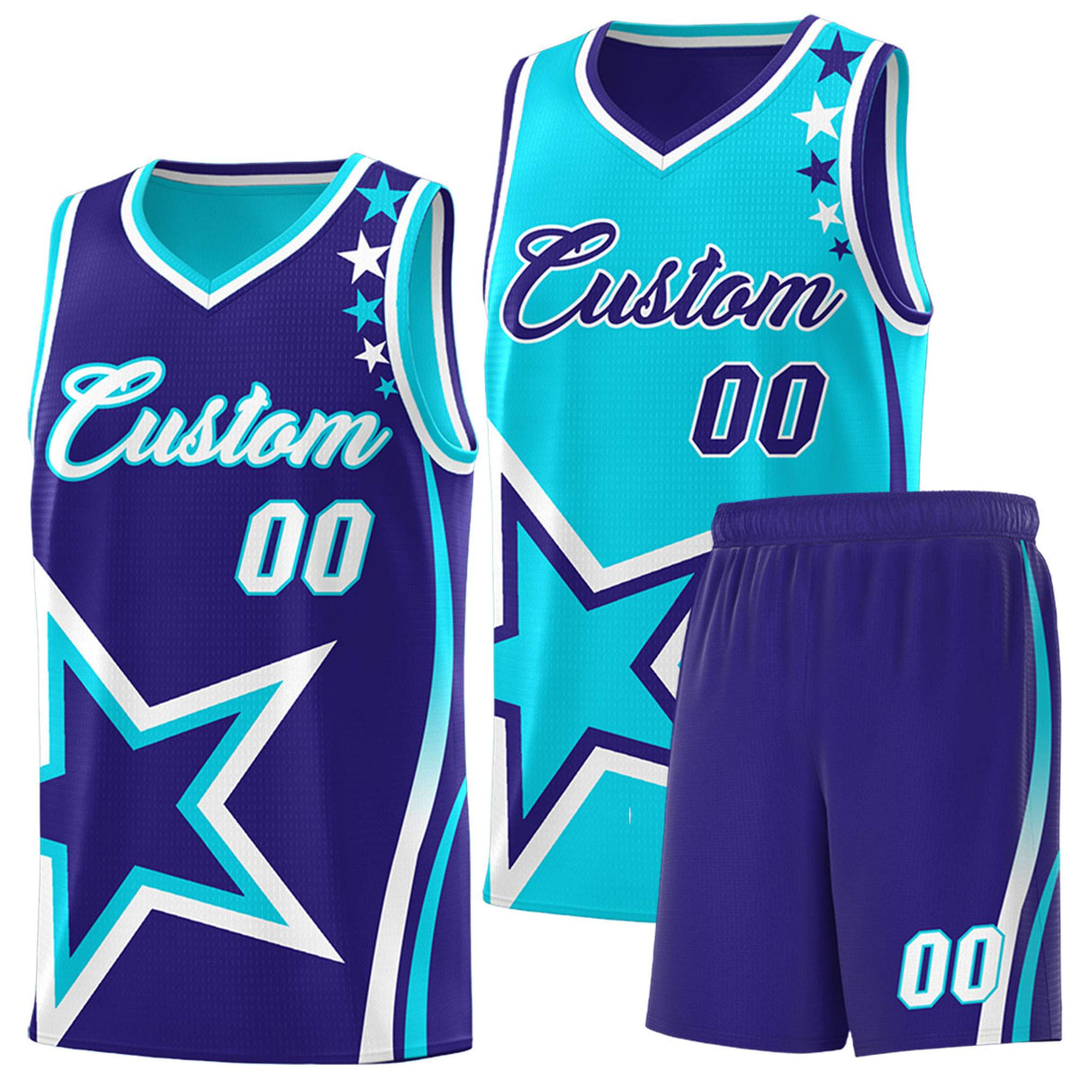 Custom Royal Light Blue Reversible Color Block Start Pattern Sports Uniform Basketball Jersey Kits