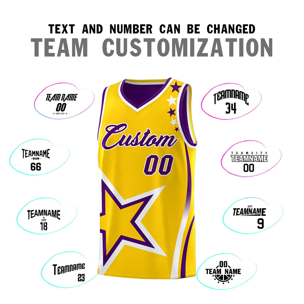 Custom Purple Gold Reversible Color Block Start Pattern Sports Uniform Basketball Jersey Kits