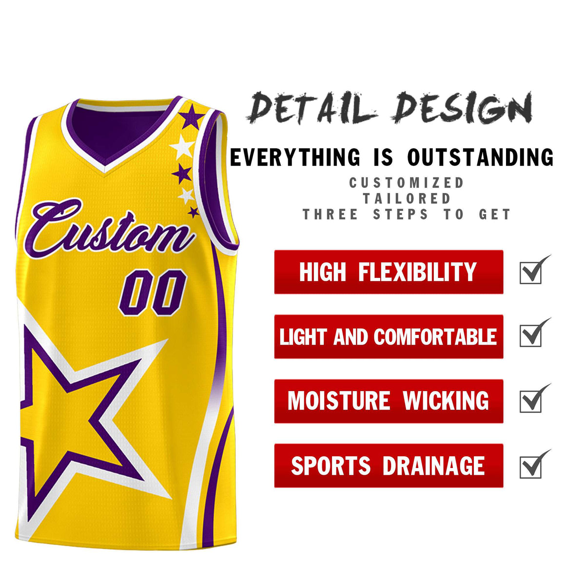 Custom Purple Gold Reversible Color Block Start Pattern Sports Uniform Basketball Jersey Kits