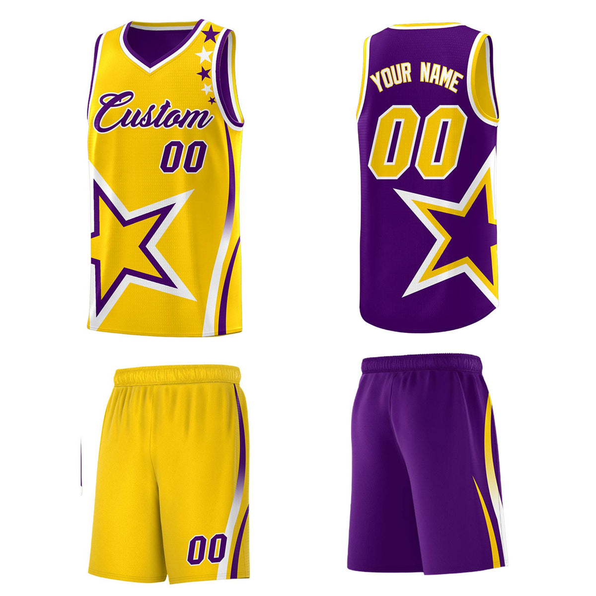 Custom Purple Gold Reversible Color Block Start Pattern Sports Uniform Basketball Jersey Kits
