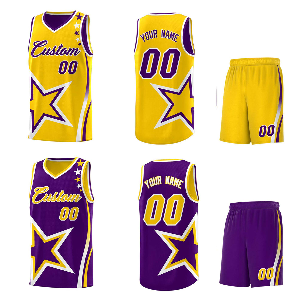 Custom Purple Gold Reversible Color Block Start Pattern Sports Uniform Basketball Jersey Kits