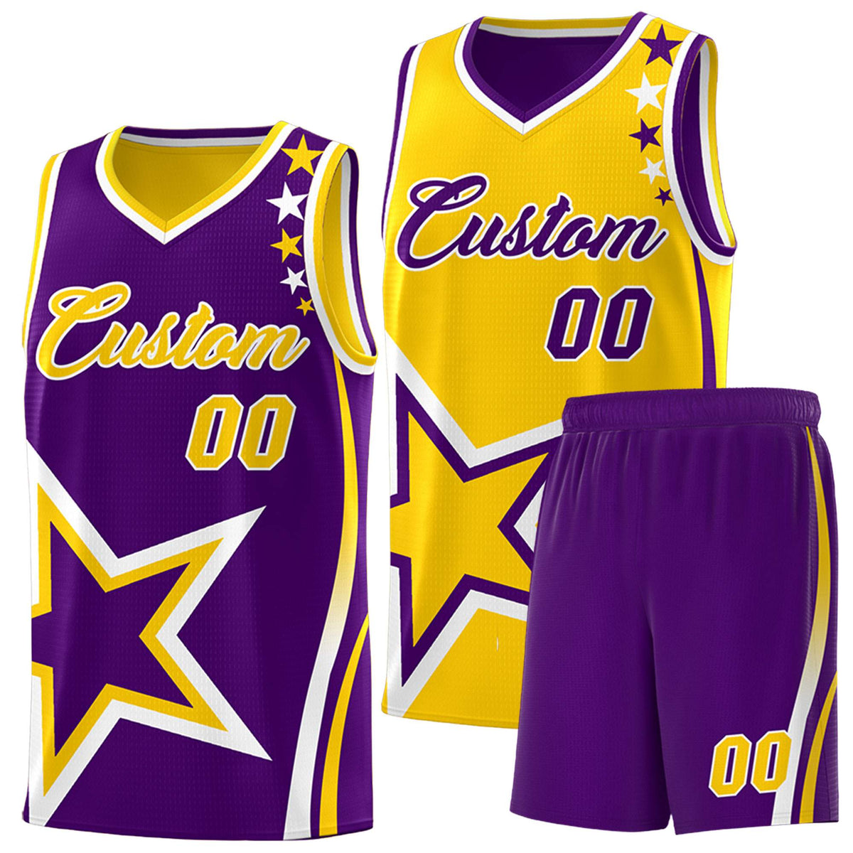 Custom Purple Gold Reversible Color Block Start Pattern Sports Uniform Basketball Jersey Kits