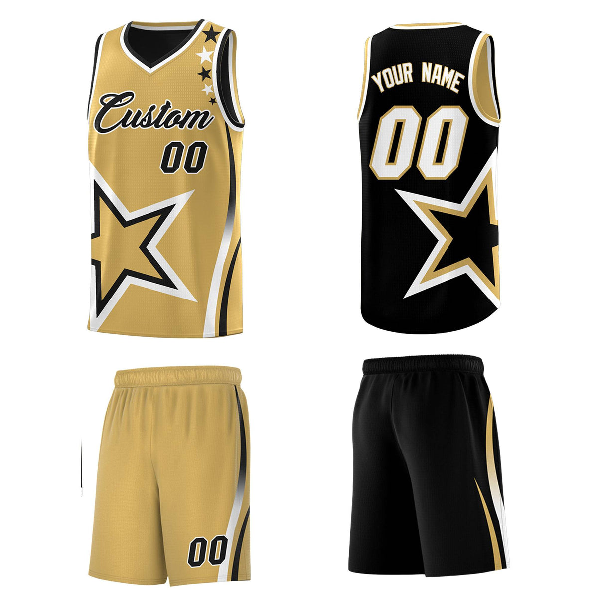 Custom Black Old Gold Reversible Color Block Start Pattern Sports Uniform Basketball Jersey Kits