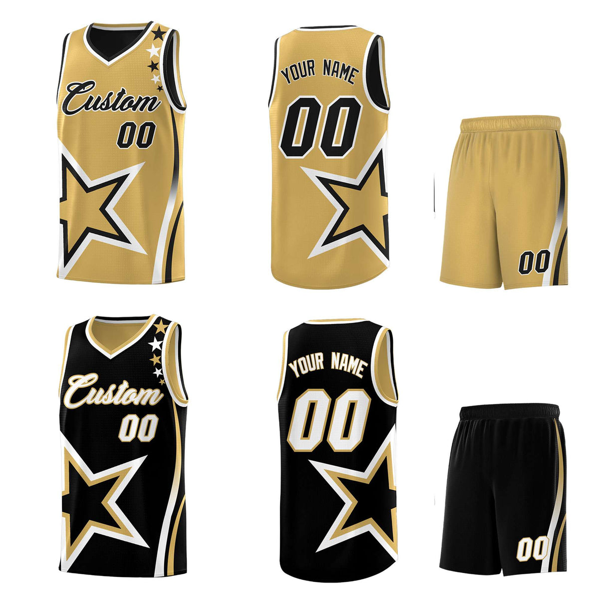 Custom Black Old Gold Reversible Color Block Start Pattern Sports Uniform Basketball Jersey Kits