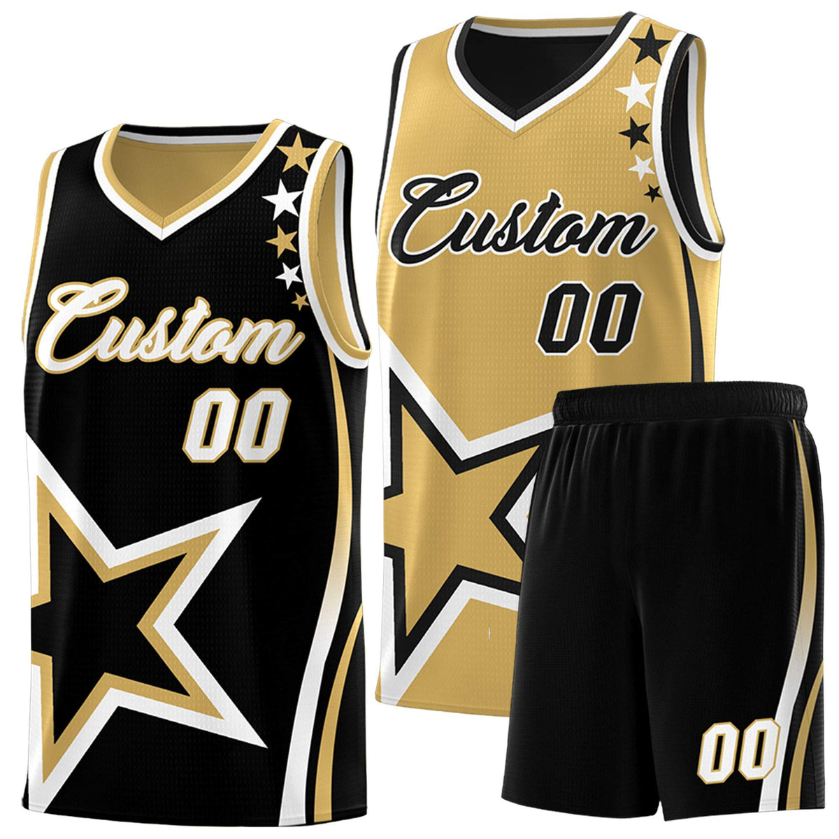 Custom Black Old Gold Reversible Color Block Start Pattern Sports Uniform Basketball Jersey Kits