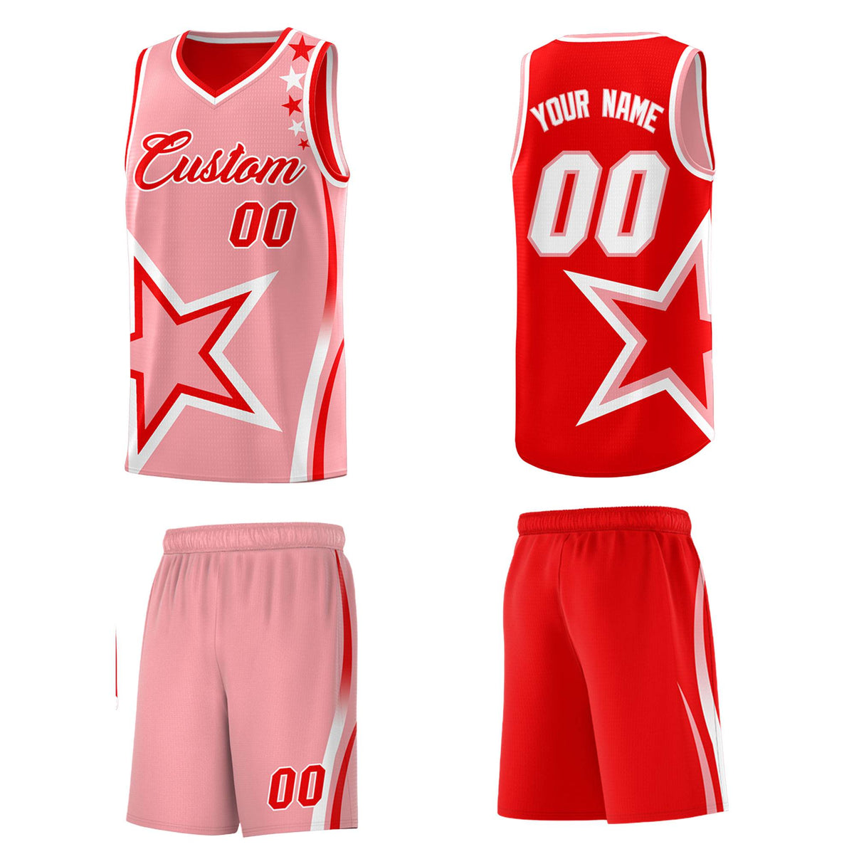 Custom Red Light Red Reversible Color Block Start Pattern Sports Uniform Basketball Jersey Kits