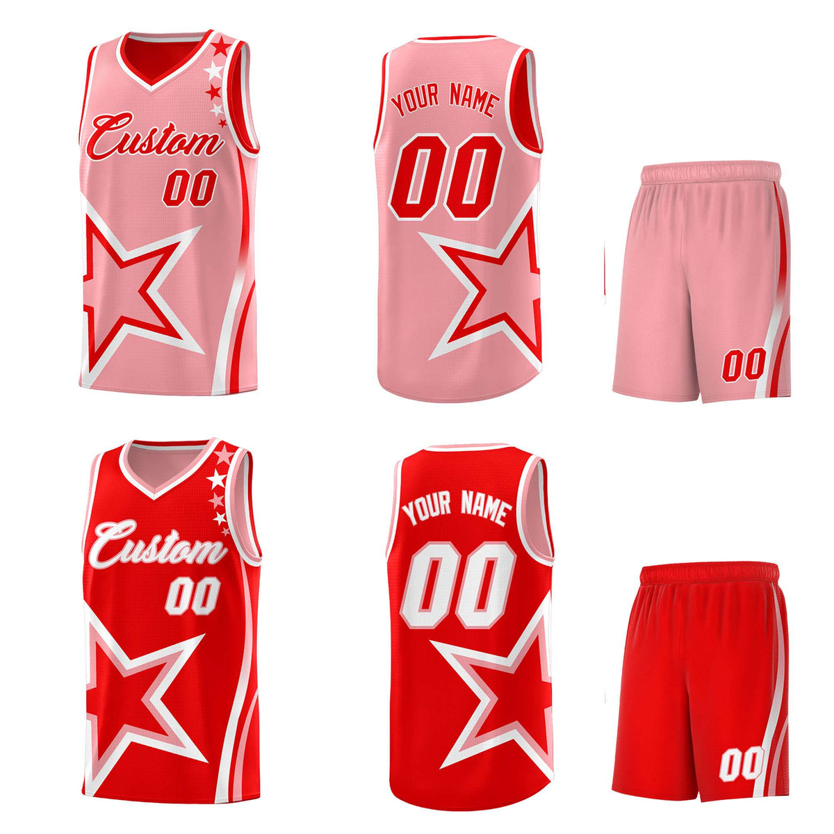 Custom Red Light Red Reversible Color Block Start Pattern Sports Uniform Basketball Jersey Kits