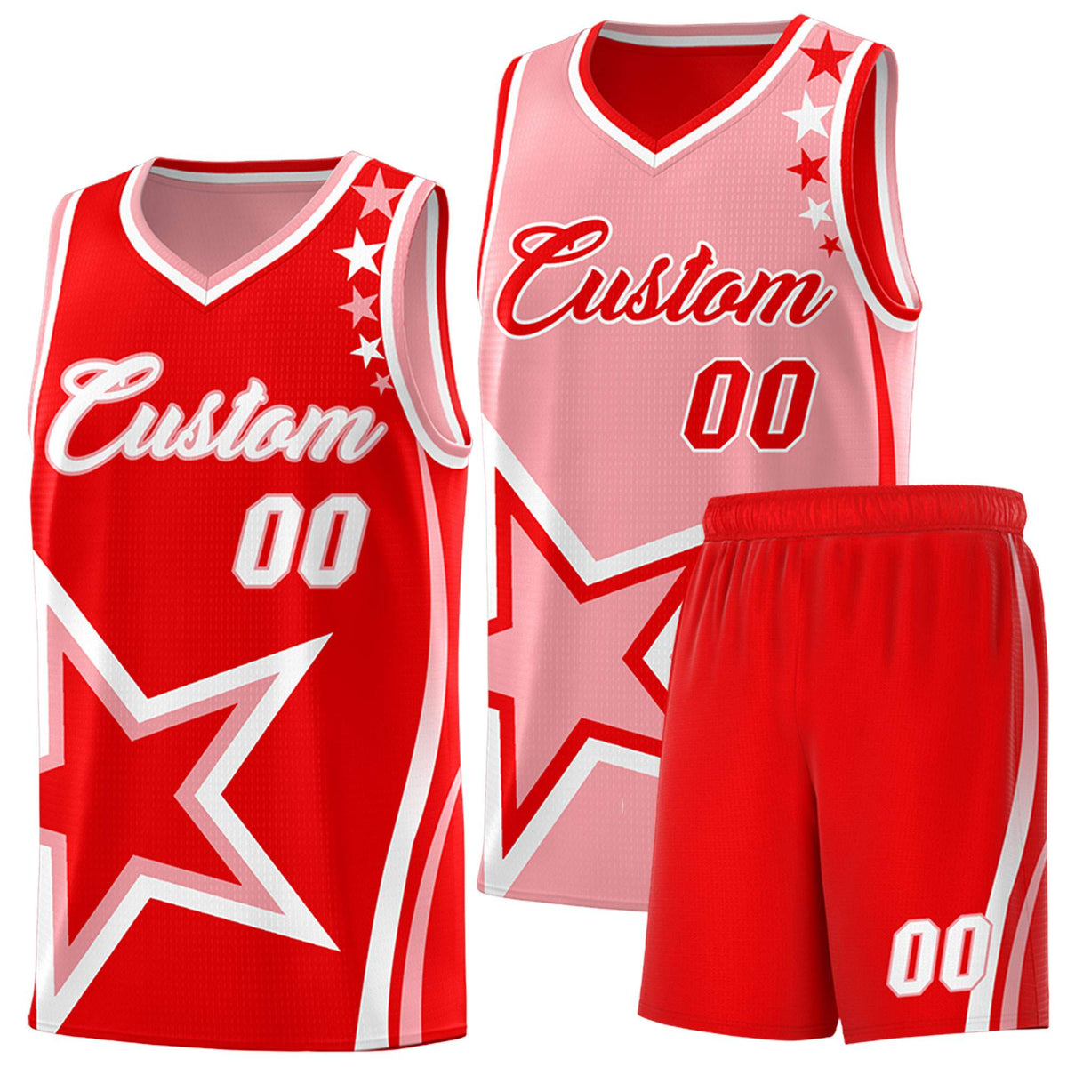 Custom Red Light Red Reversible Color Block Start Pattern Sports Uniform Basketball Jersey Kits