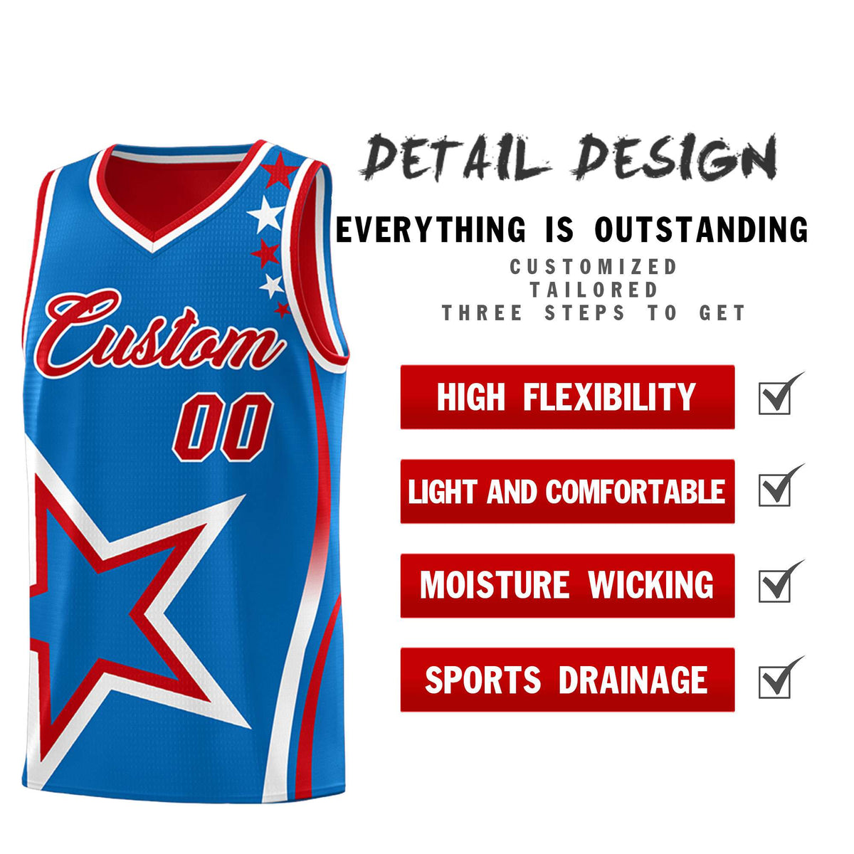 Custom Red Royal Reversible Color Block Start Pattern Sports Uniform Basketball Jersey Kits