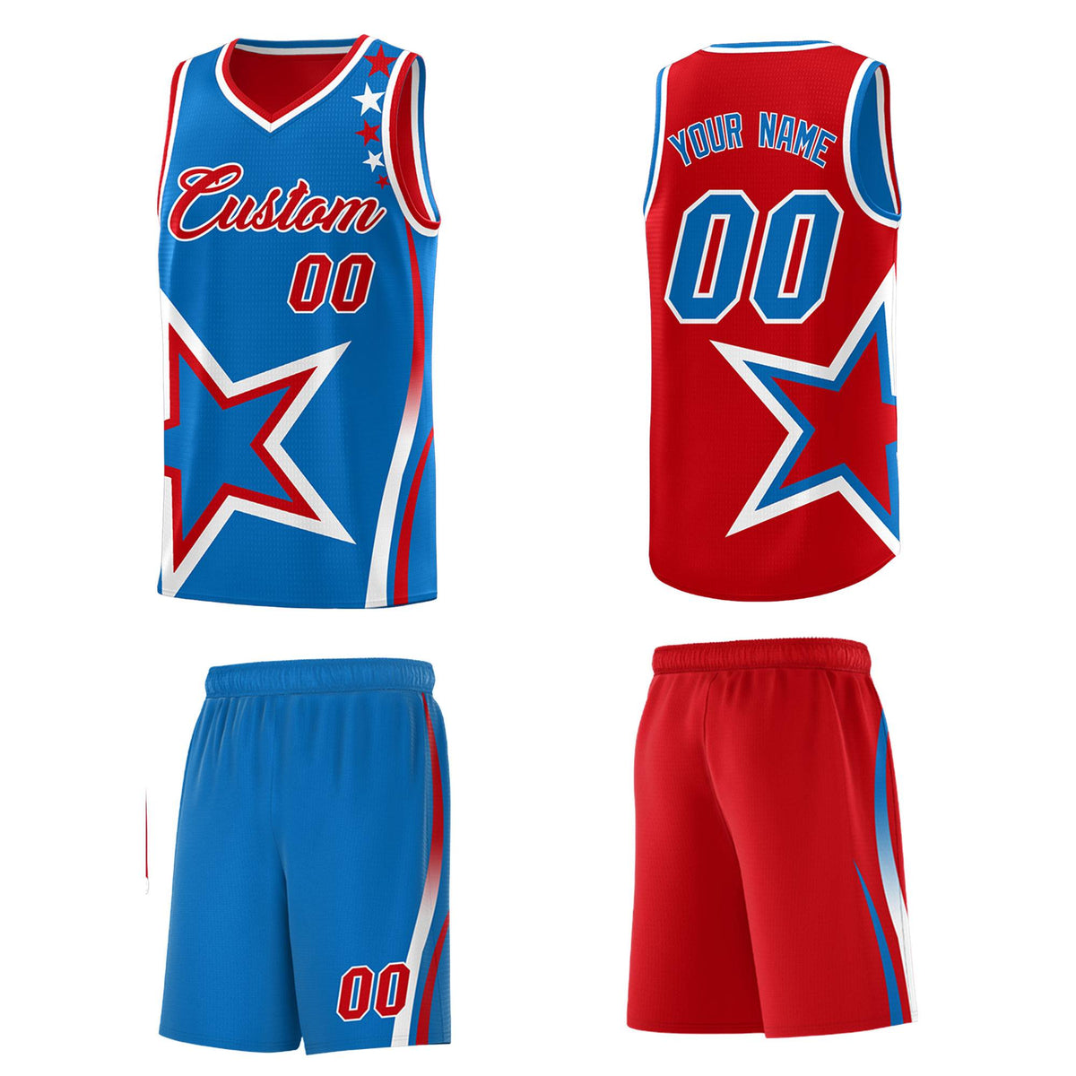 Custom Red Royal Reversible Color Block Start Pattern Sports Uniform Basketball Jersey Kits