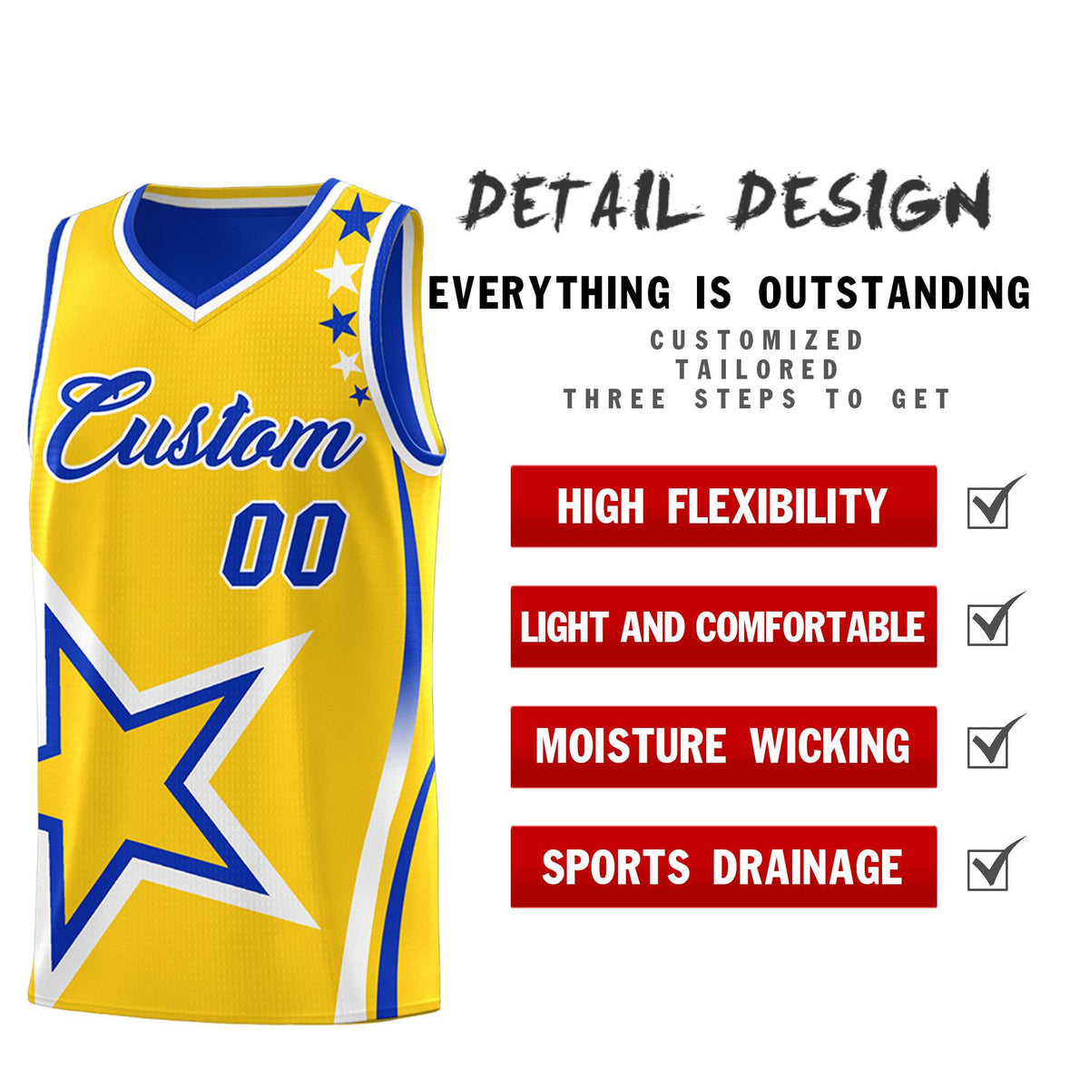 Custom Royal Gold Reversible Color Block Start Pattern Sports Uniform Basketball Jersey Kits