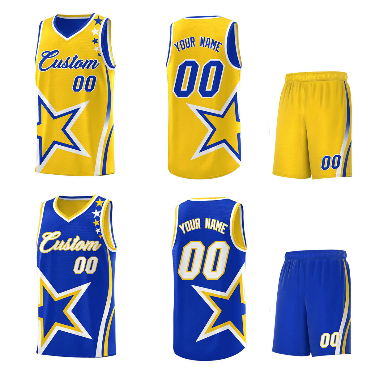 Custom Royal Gold Reversible Color Block Start Pattern Sports Uniform Basketball Jersey Kits