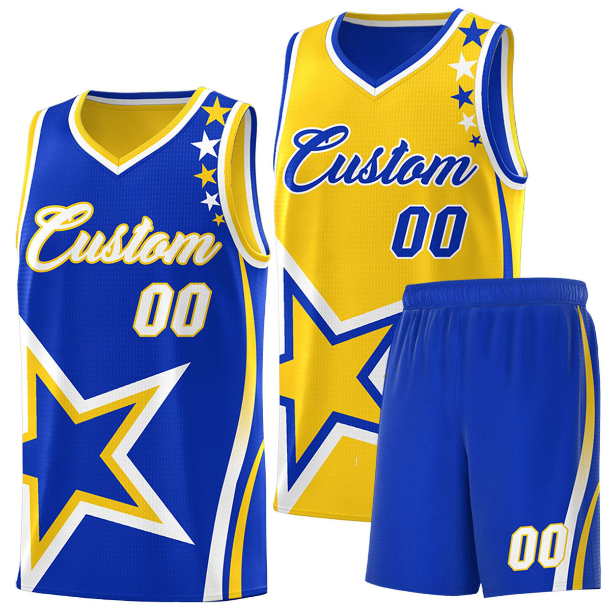 Custom Royal Gold Reversible Color Block Start Pattern Sports Uniform Basketball Jersey Kits