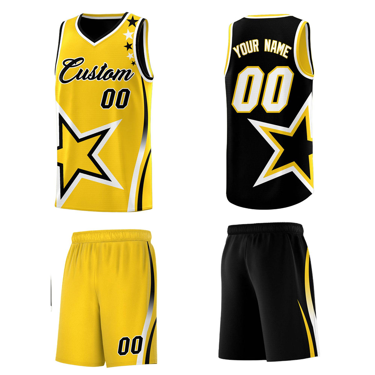 Custom Black Gold Reversible Color Block Start Pattern Sports Uniform Basketball Jersey Kits