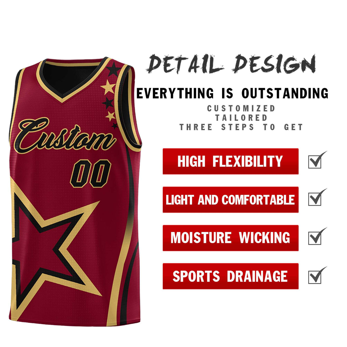 Custom Black Crimson Reversible Color Block Start Pattern Sports Uniform Basketball Jersey Kits
