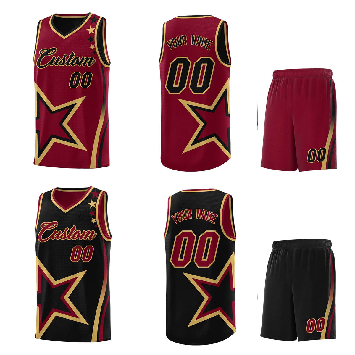 Custom Black Crimson Reversible Color Block Start Pattern Sports Uniform Basketball Jersey Kits