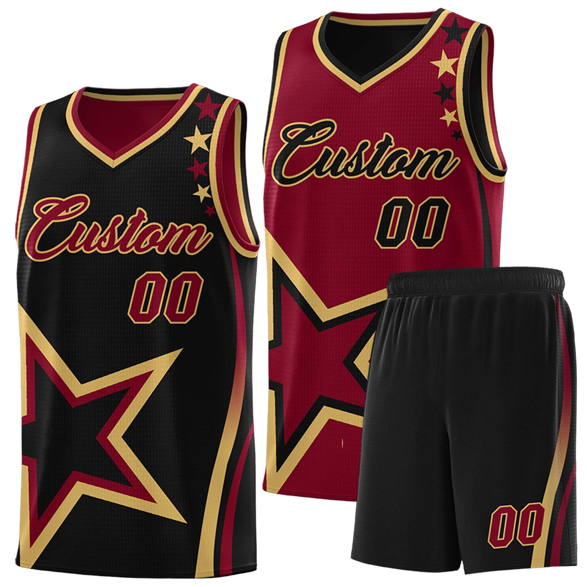 Custom Black Crimson Reversible Color Block Start Pattern Sports Uniform Basketball Jersey Kits