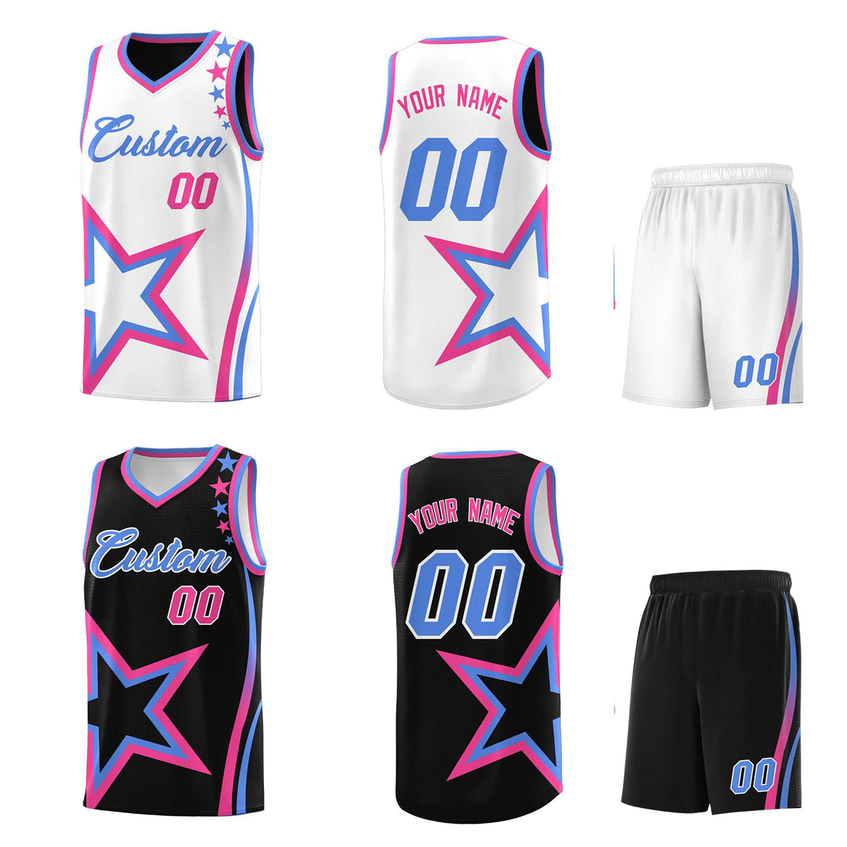 Custom Black White Reversible Color Block Start Pattern Sports Uniform Basketball Jersey Kits