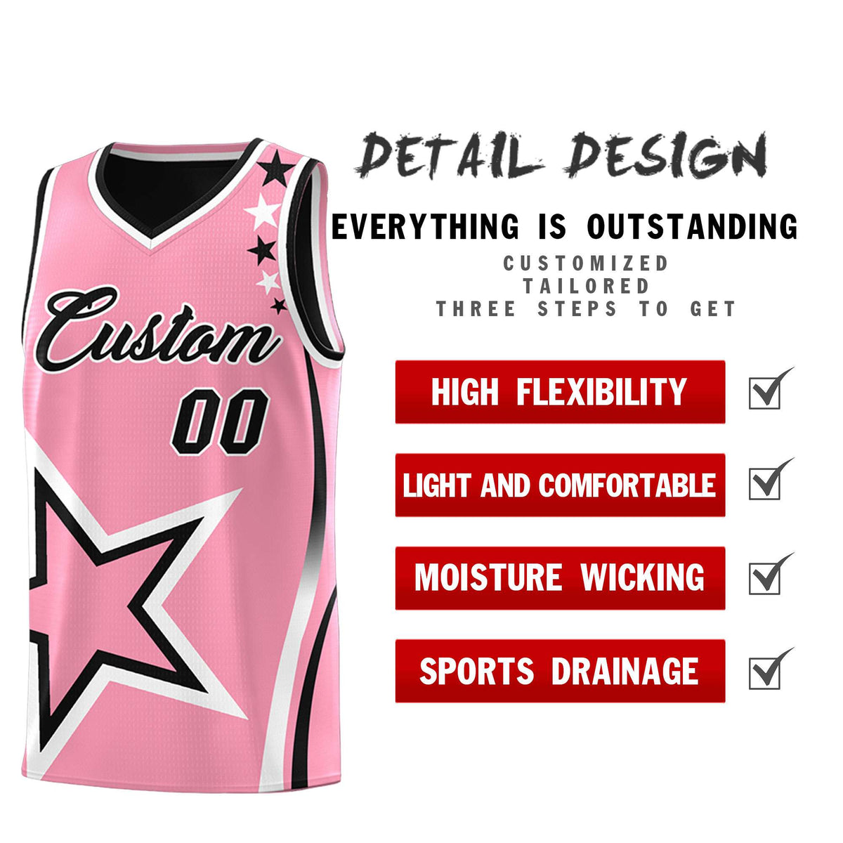 Custom Black Light Pink Reversible Color Block Start Pattern Sports Uniform Basketball Jersey Kits