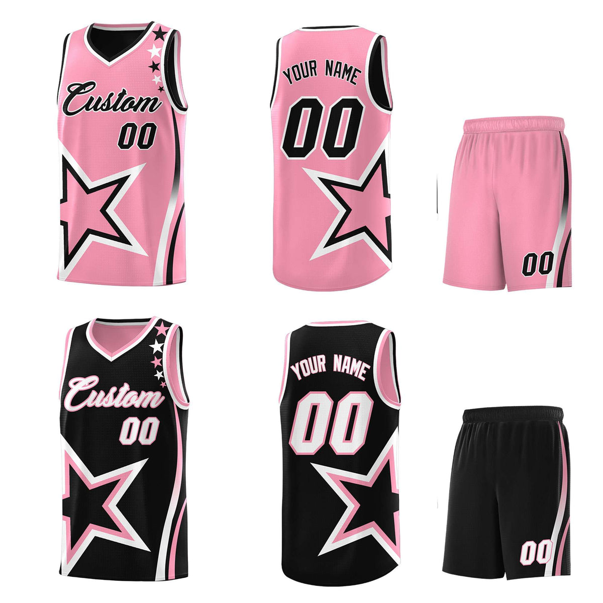 Custom Black Light Pink Reversible Color Block Start Pattern Sports Uniform Basketball Jersey Kits