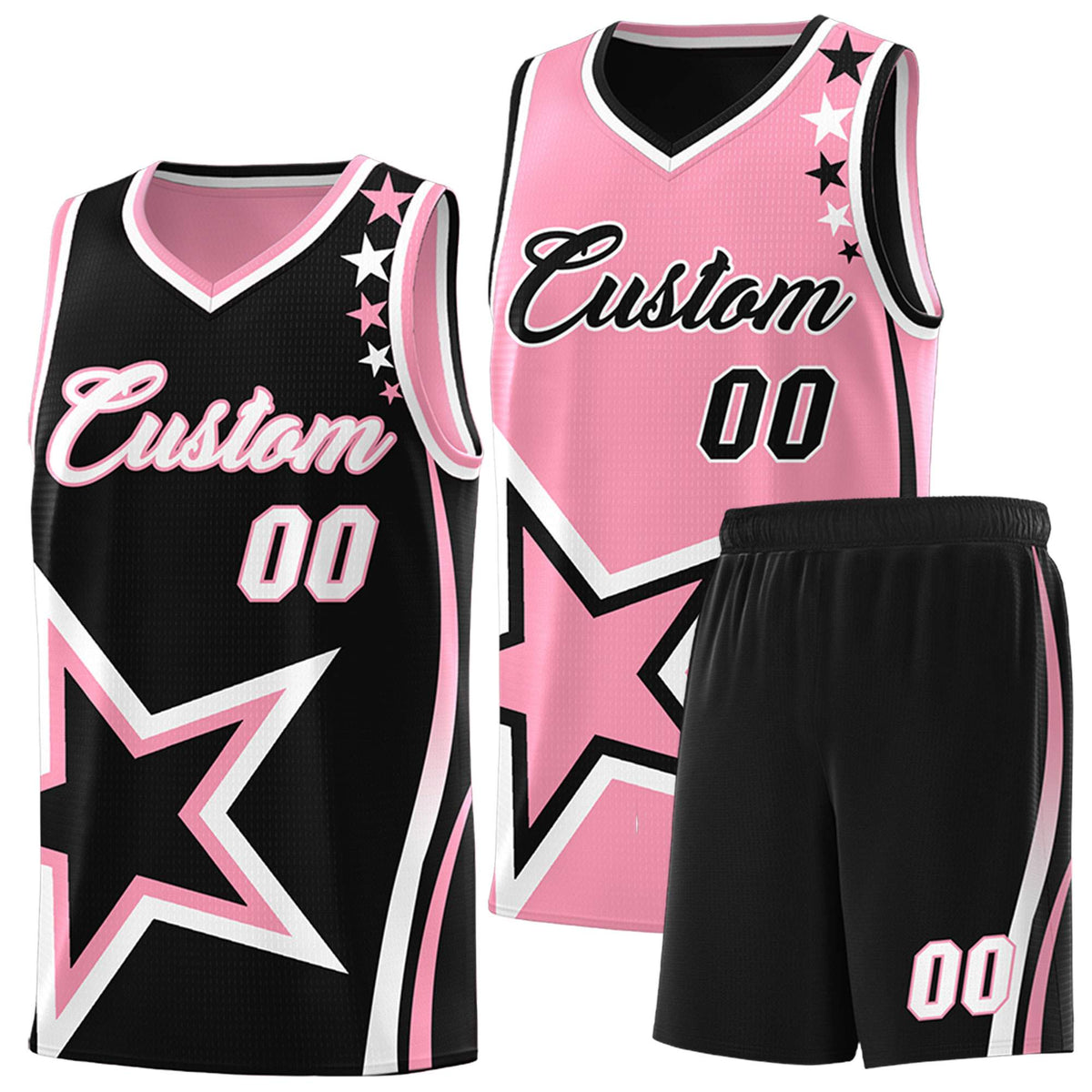 Custom Black Light Pink Reversible Color Block Start Pattern Sports Uniform Basketball Jersey Kits