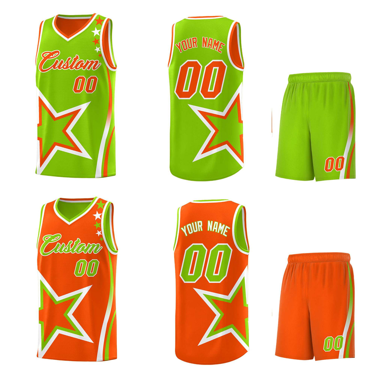 Custom Orange Neon Green Reversible Color Block Start Pattern Sports Uniform Basketball Jersey Kits
