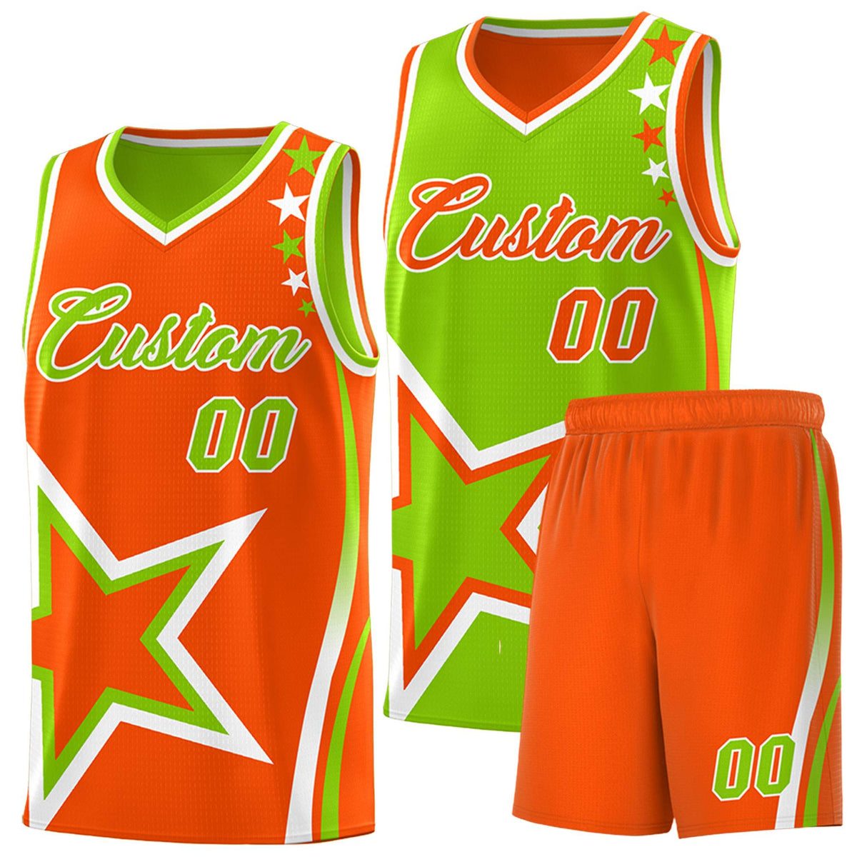 Custom Orange Neon Green Reversible Color Block Start Pattern Sports Uniform Basketball Jersey Kits