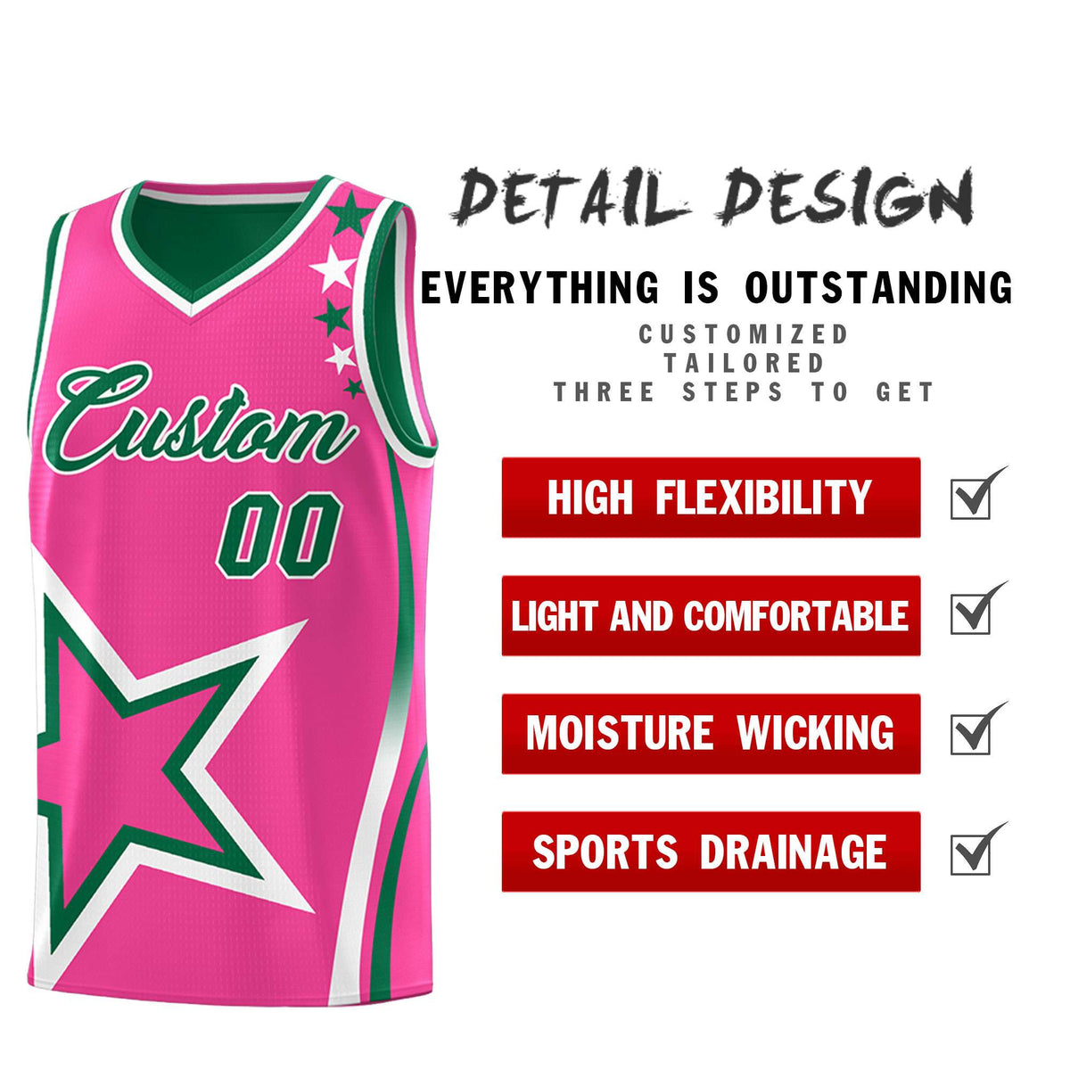 Custom Kelly Green Pink Reversible Color Block Start Pattern Sports Uniform Basketball Jersey Kits