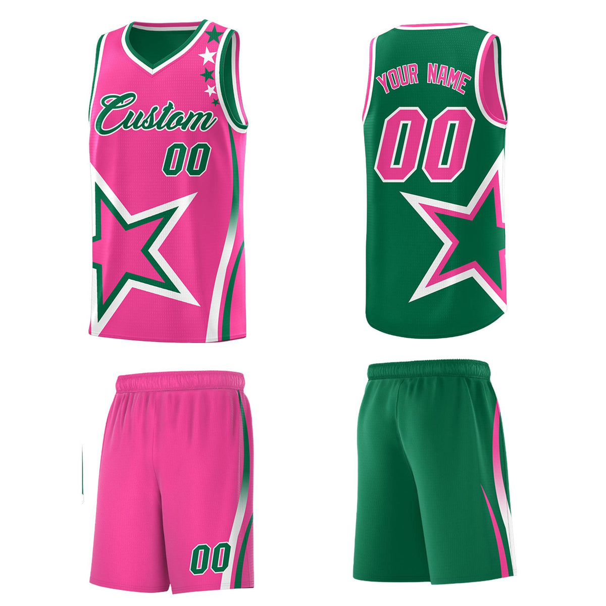 Custom Kelly Green Pink Reversible Color Block Start Pattern Sports Uniform Basketball Jersey Kits