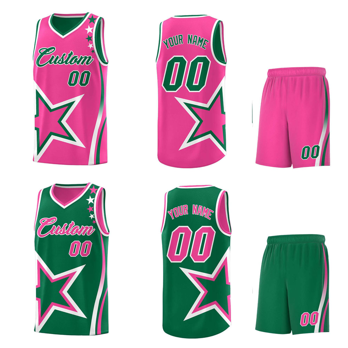 Custom Kelly Green Pink Reversible Color Block Start Pattern Sports Uniform Basketball Jersey Kits