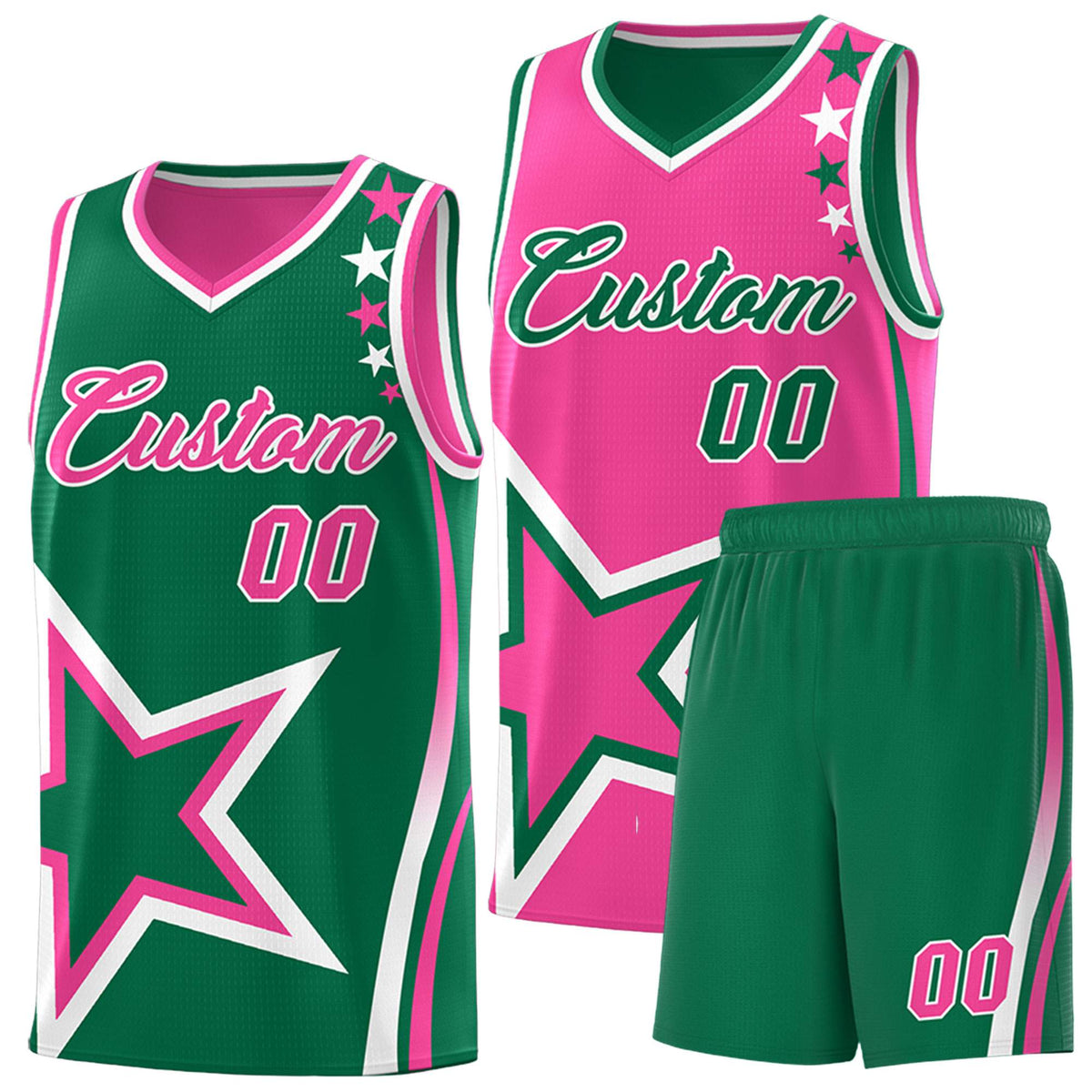 Custom Kelly Green Pink Reversible Color Block Start Pattern Sports Uniform Basketball Jersey Kits