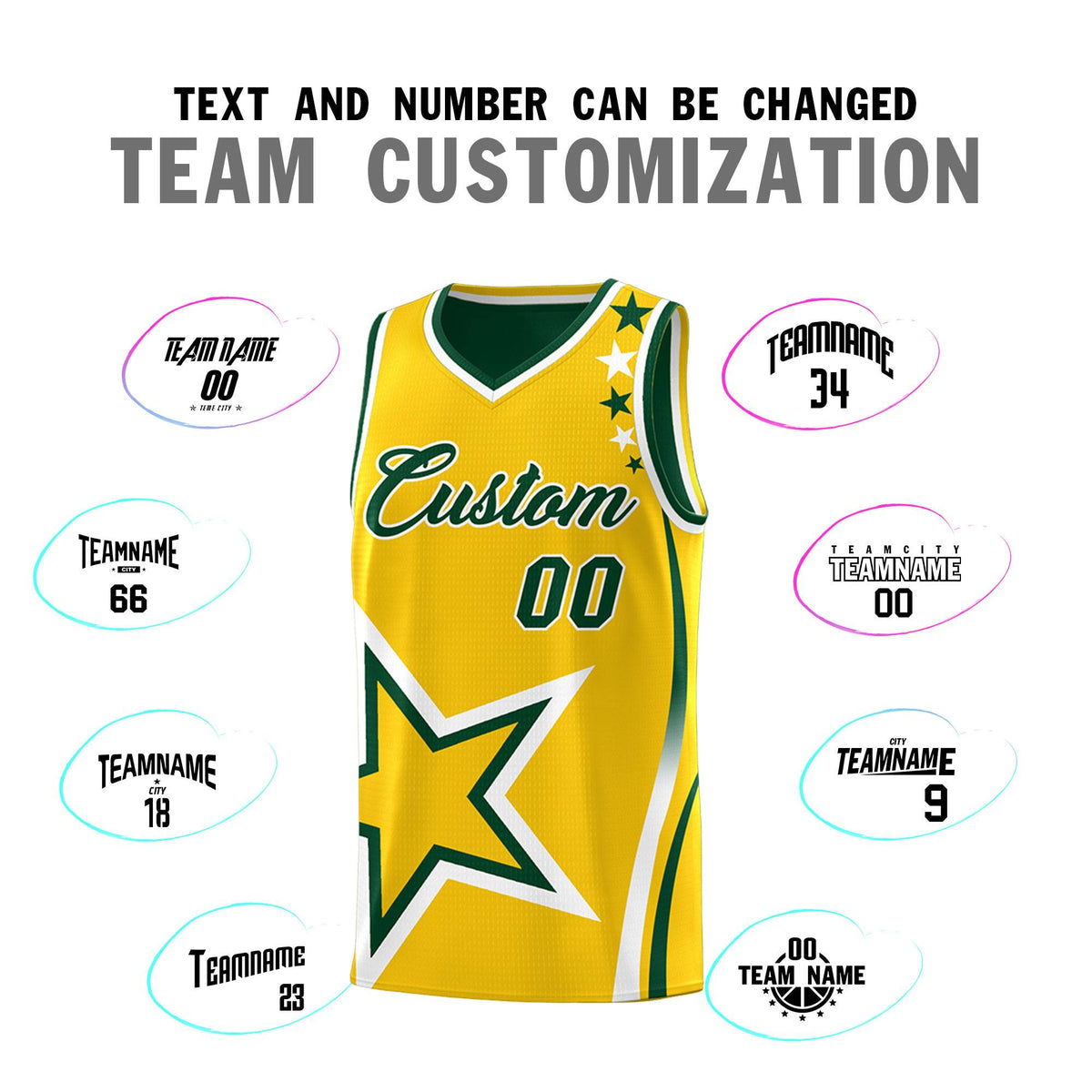 Custom Green Gold Reversible Color Block Start Pattern Sports Uniform Basketball Jersey Kits