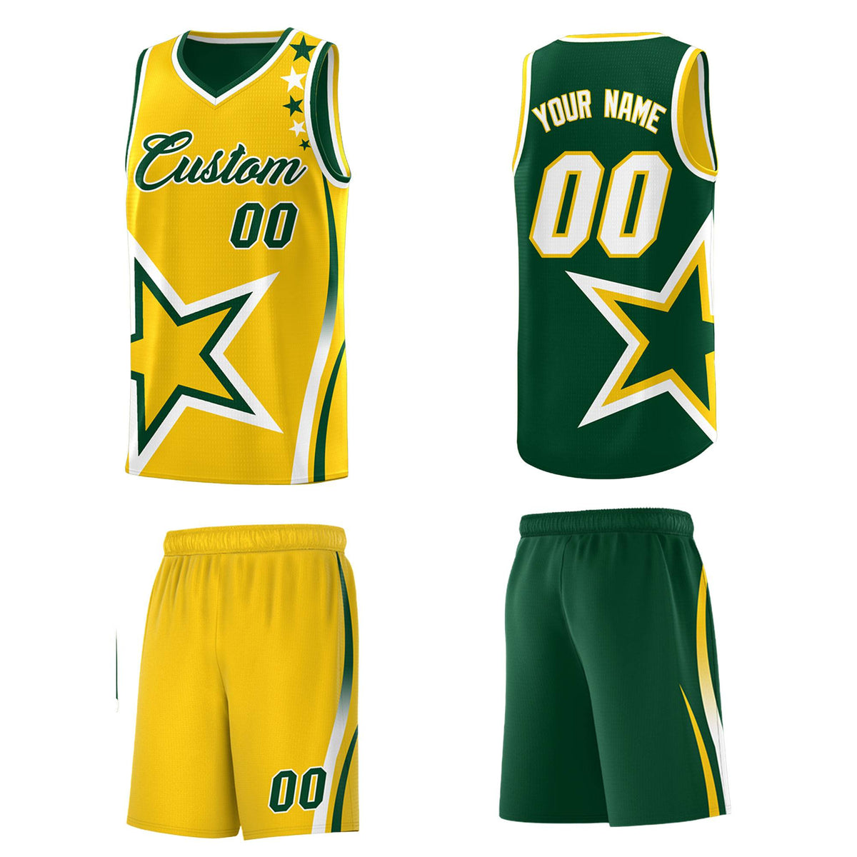Custom Green Gold Reversible Color Block Start Pattern Sports Uniform Basketball Jersey Kits